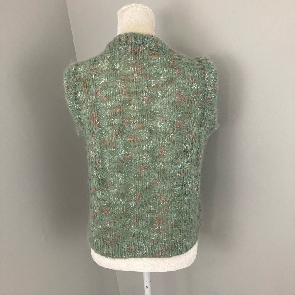 Vintage Hand Knit 80s mohair sweater vest green fleck stretch old money M - Picture 4 of 11